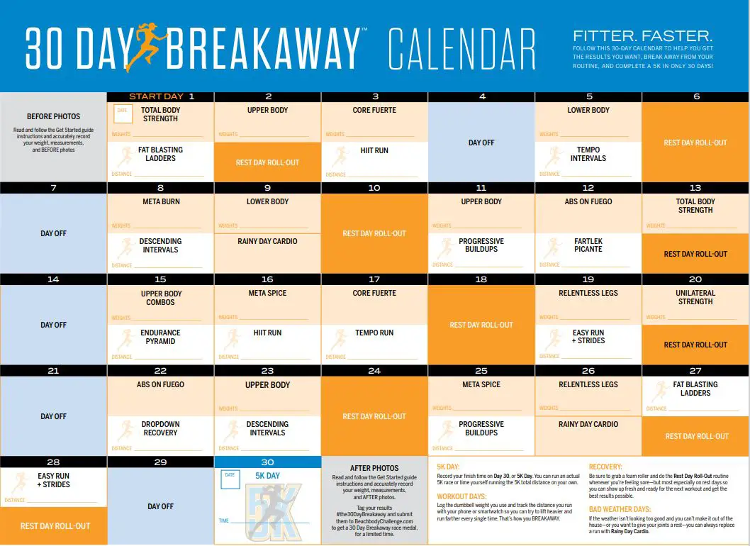 30 Day Breakaway Calendar